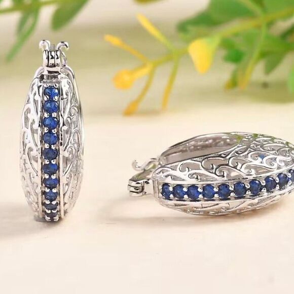 Blue Diamond 1.20 ctw Simulated Hoop Platinum Earrings - Picture 1 of 6